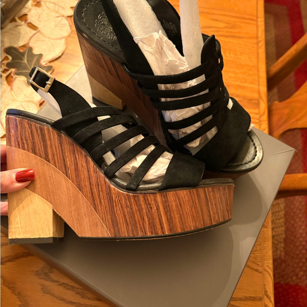 Vince Camuto  Platform Wooden Black Suede Sandals. VC- ONIS 8.5